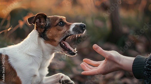 Pregnant female dog Jack Russell terrier growls to person hand. Animal instinct and behaviour photo