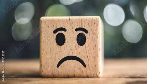 Wooden block with a frown face symbolizing sadness or discontent. Represents negative emotions, challenges, and setbacks. Ideal for illustrating mood, mental health, or adverse situations photo