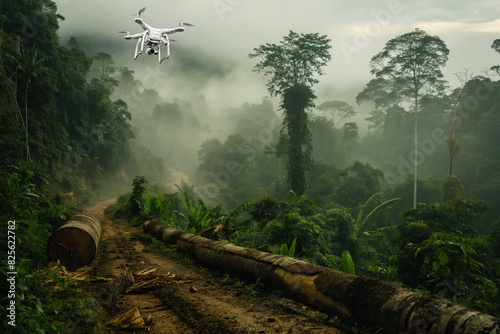 Unmanned aerial vehicle monitoring a deforested area to detect and deter illegal logging activities in a misty tropical forest photo