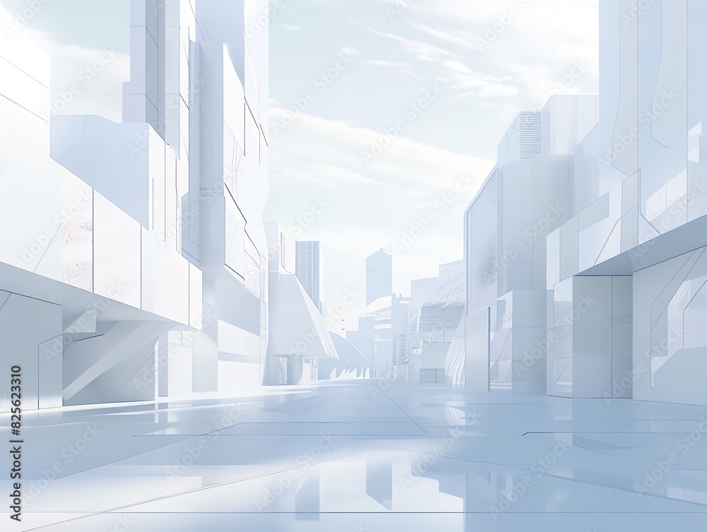 Worms-eye view of a minimalist utopian cityscape, sleek white geometric buildings, soft pastel sky, sharp angles, shadows casting intricate patterns, digital CG 3D rendering