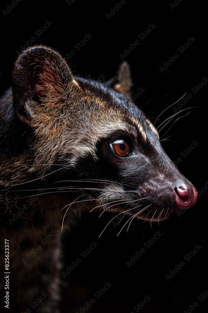 Mystic portrait of Civet Luwak in studio, copy space on right side, Anger, Menacing, Headshot, Close-up View Isolated on black background Mystic portrait of Civet Luwak in studio, copy space on right side, Anger, Menacing, Headshot, Close-up View Isolated on black background
