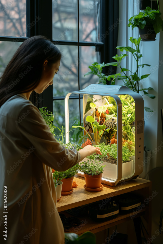 Woman tending to modern ai-powered indoor garden system Woman tending to modern ai-powered indoor garden system