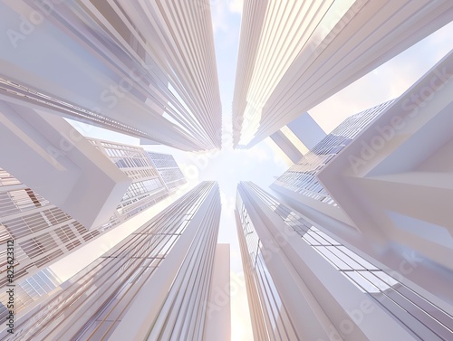 Worms-eye view of a minimalist utopian cityscape, sleek white geometric buildings, soft pastel sky, sharp angles, shadows casting intricate patterns, digital CG 3D rendering