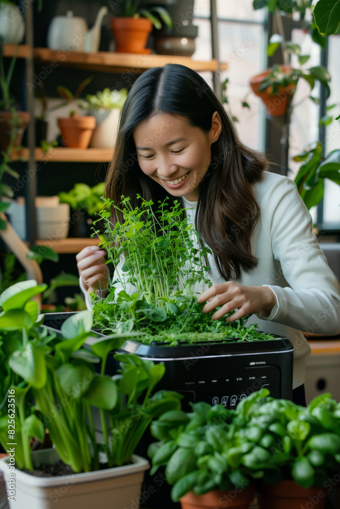 Smiling woman tending to her high-tech indoor herb garden Smiling woman tending to her high-tech indoor herb garden