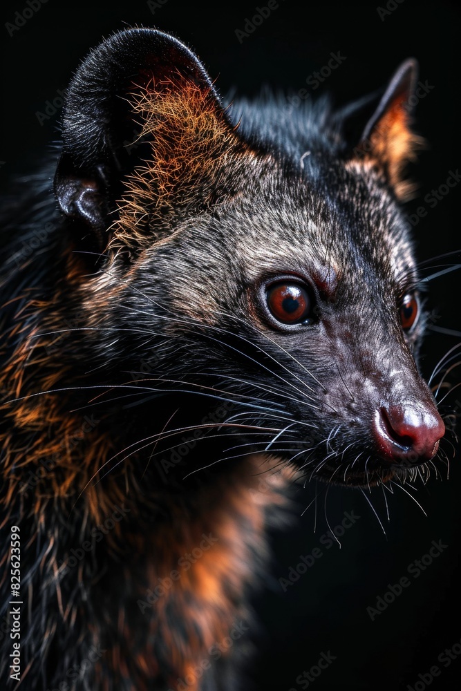 Obraz premium Mystic portrait of Common Palm Civet in studio, copy space on right side, Anger, Menacing, Headshot, Close-up View Isolated on black background