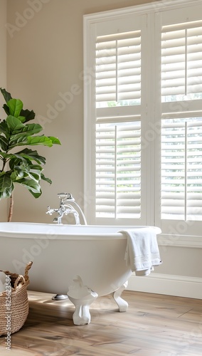 a white vinyl window with shutters in the background of an elegant bathroom featuring a freestanding bathtub and wooden floor tiles  light beige walls  and a large green plant near it.