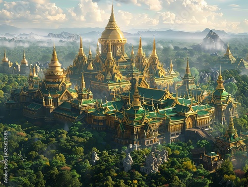 A sweeping panoramic view of a lavish  otherworldly landscape  where opulent golden palaces stand amidst enchanted forests  captured in stunning CG 3D photorealism