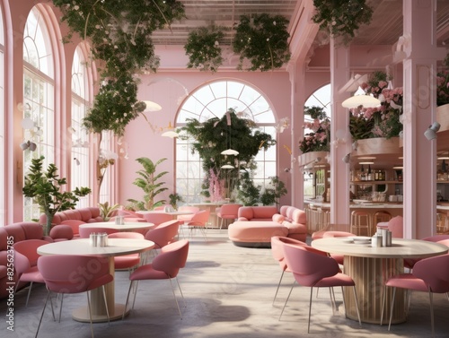 Contemporary Garden Pink Furnishings and Indoor Plant Pots in a City Setting. 