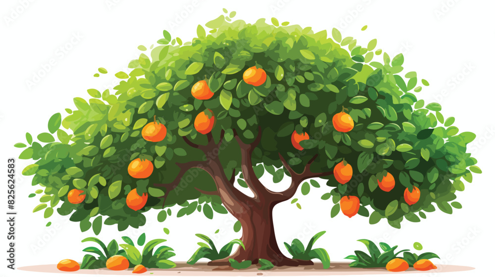 Tree with green leaves and orange ripe fruits vector