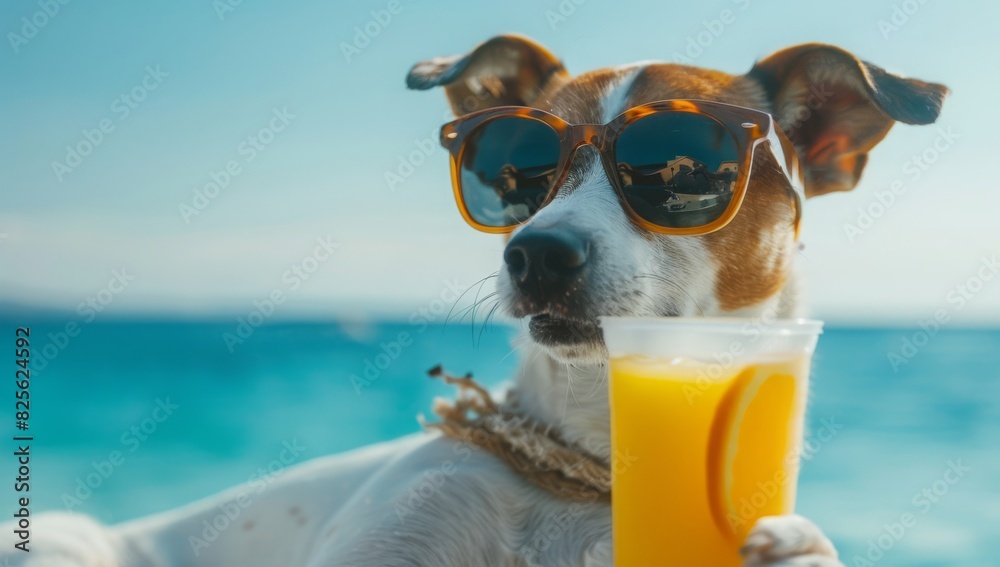 Fototapeta premium Cute dog wearing sunglasses, holding an orange juice on a sunny beach. Perfect for summer, vacation, and pet-themed projects. Bright and cheerful vibes.