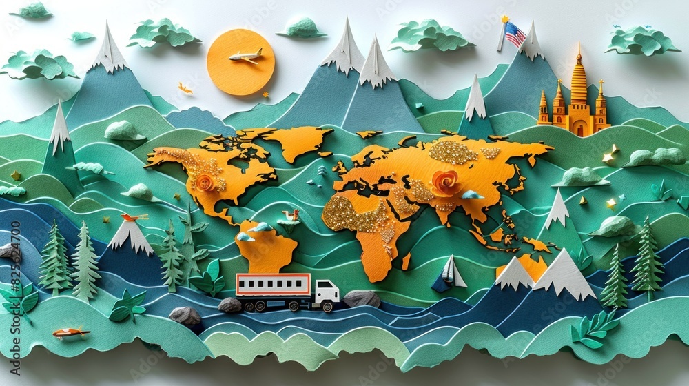 Vibrant paper cut of a milk truck traveling through different countries for World Drink Milk Day Vibrant paper cut of a milk truck traveling through different countries for World Drink Milk Day