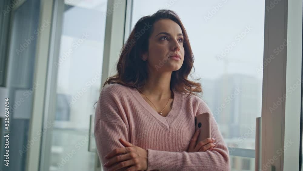 Morning girl looking windows in bedroom closeup. Smiling lady contemplating life Morning girl looking windows in bedroom closeup. Smiling lady contemplating life