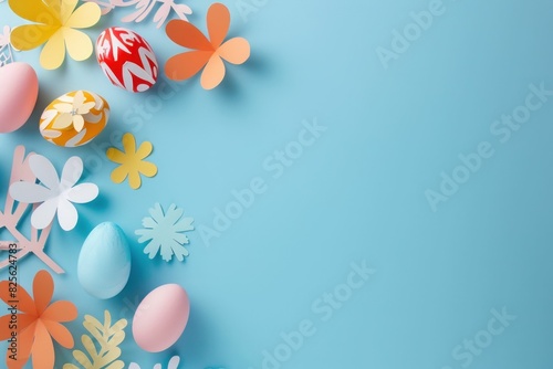 Colorful easter eggs and flowers on a blue background with copy space for text festive spring decoration concept