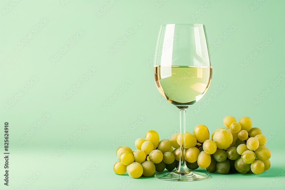 Wine White glass and bunch green grape on a light background. Realistic image alcohol drink for invitation to a party, promotional products wine shop or wine tasting concept. Wine White glass and bunch green grape on a light background. Realistic image alcohol drink for invitation to a party, promotional products wine shop or wine tasting concept.