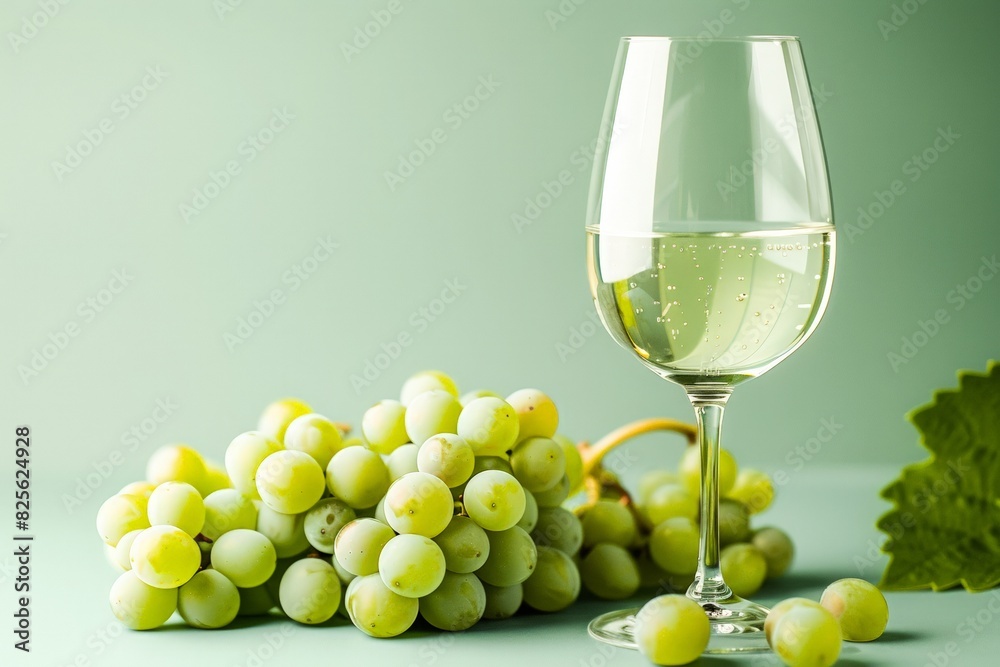 Wine White glass and bunch green grape on a light background. Realistic image alcohol drink for invitation to a party, promotional products wine shop or wine tasting concept. Wine White glass and bunch green grape on a light background. Realistic image alcohol drink for invitation to a party, promotional products wine shop or wine tasting concept.