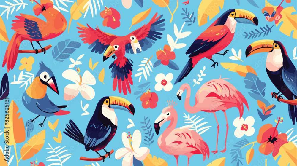 Tropical fauna vector seamless pattern on blue back