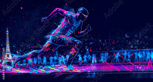 Sprinting forward athlete runner in neon purple and pink vibrant colours with a crowd cheering in background for his finish for a first place. 2024 France Paris Olympics dark navy banner © Vita