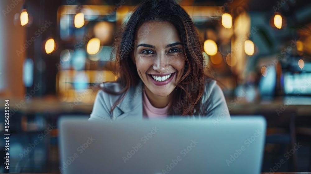Fototapeta premium Capture The Dedication Of A Smiling Businesswoman As She Uses A Laptop Computer In The Cafe, Her Commitment To Productivity Evident In Her Focused Demeanor, High Quality