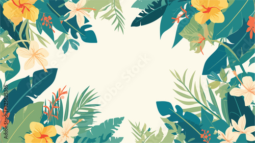 Tropical leaves flowers seamless pattern border 