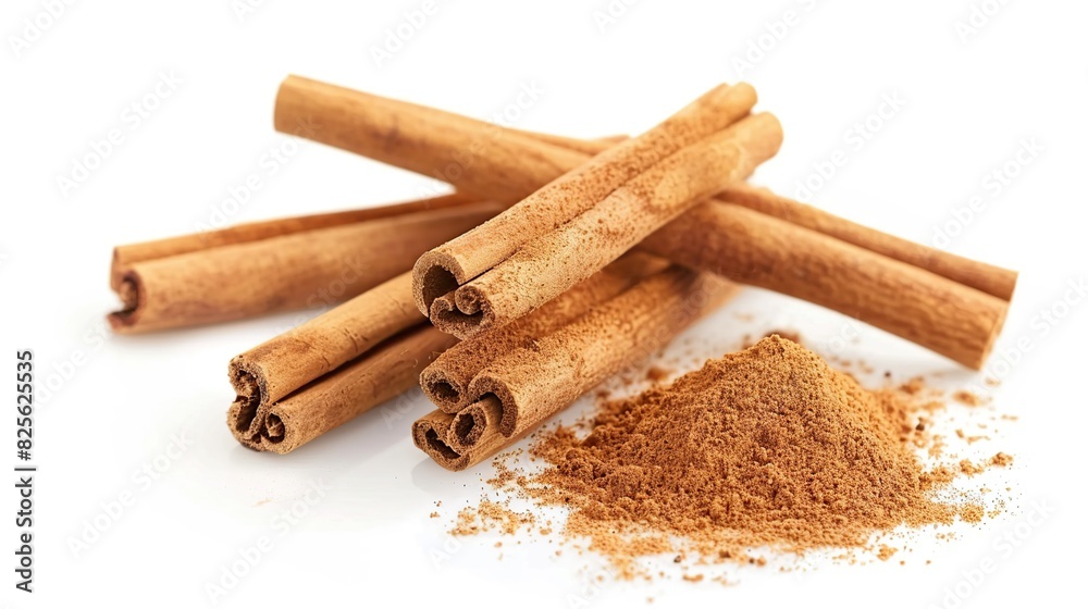 Cinnamon sticks with its dust around it over a white background. Generative Ai Cinnamon sticks with its dust around it over a white background. Generative Ai