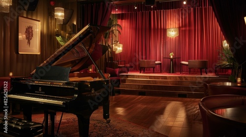The Jazz Room A sophisticated corner adorned with low lighting velvet curtains and smooth jazz playing in the background. The stage is set with a grand piano and a small group of musicians photo