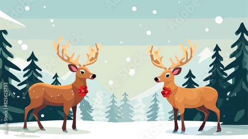 Two Christmas reindeer with a red scarf and green 