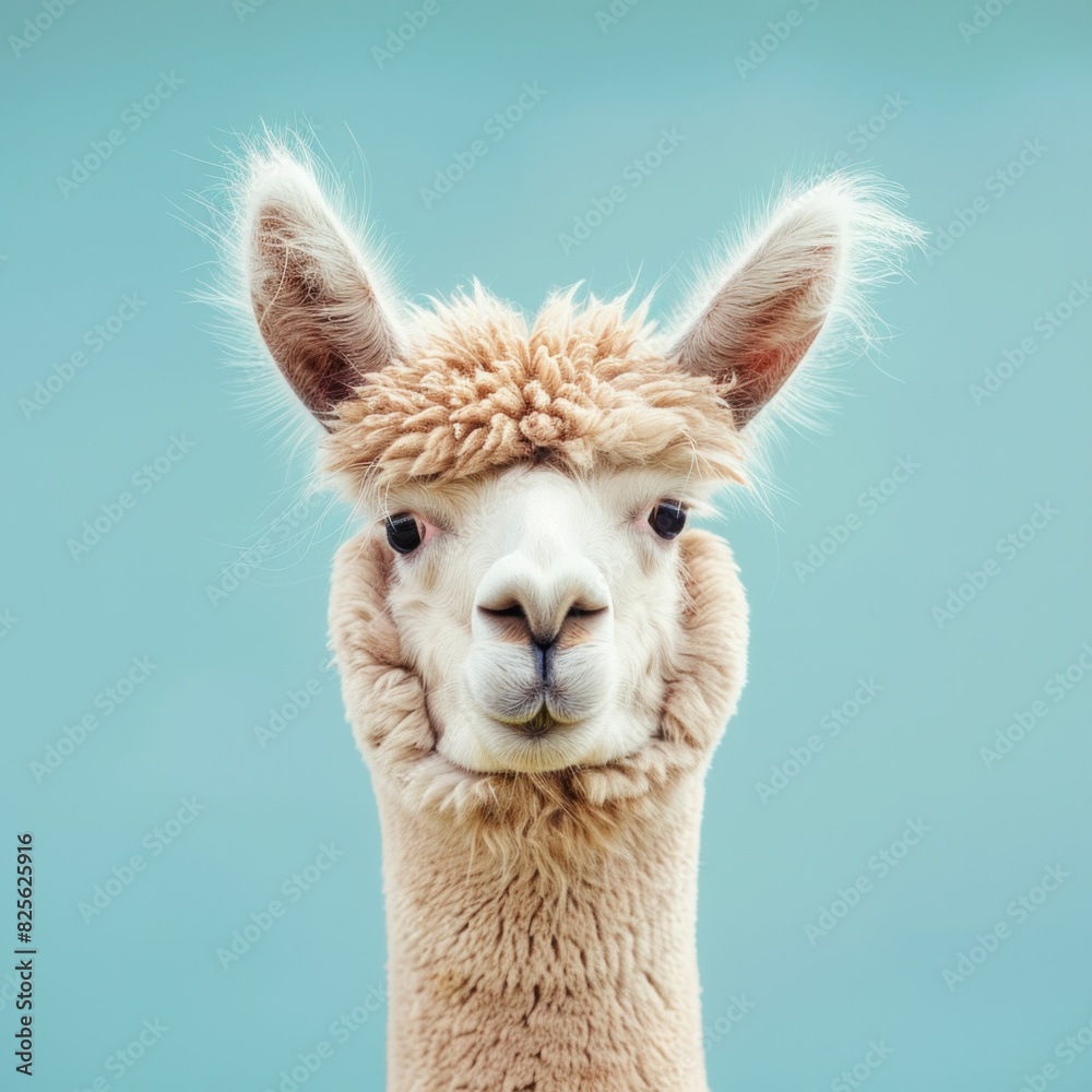Obraz premium Alpaca posing in front of clear blue sky in a travel and nature themed photoshoot