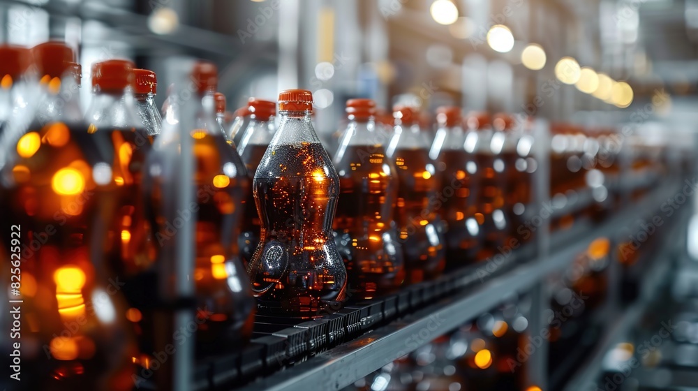 The scene of the glass bottle production line is filled with brown liquid The scene of the glass bottle production line is filled with brown liquid