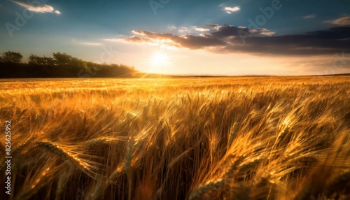 /image: A field of golden wheat swaying gently in the breeze under the warm glow of the setting sun, casting long, dramatic shadows. 8k --a6:9--v5.2 photo