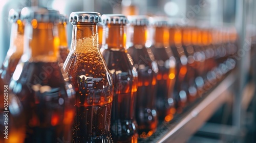 The scene of the glass bottle production line is filled with brown liquid photo