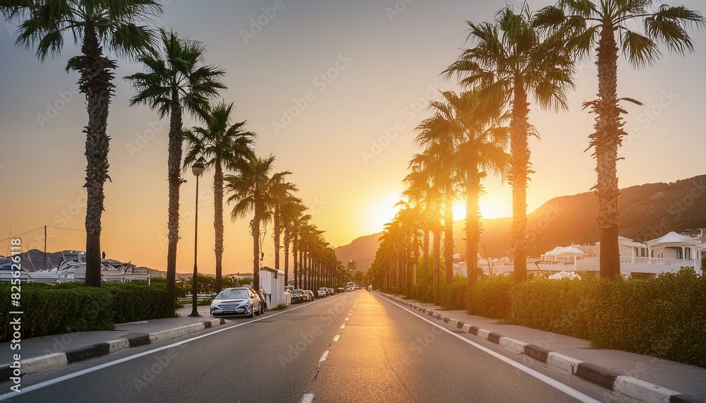 Sunset on the street with palm trees