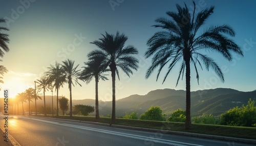 Sunset on the street with palm trees