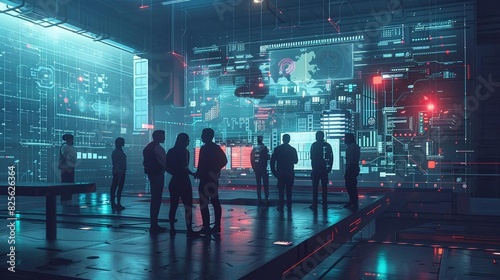 A detailed illustration of a team of engineers huddled around a computer screen, working together to solve a technical problem