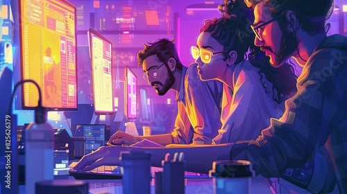 A detailed illustration of a team of engineers huddled around a computer screen, working together to solve a technical problem © ngstock