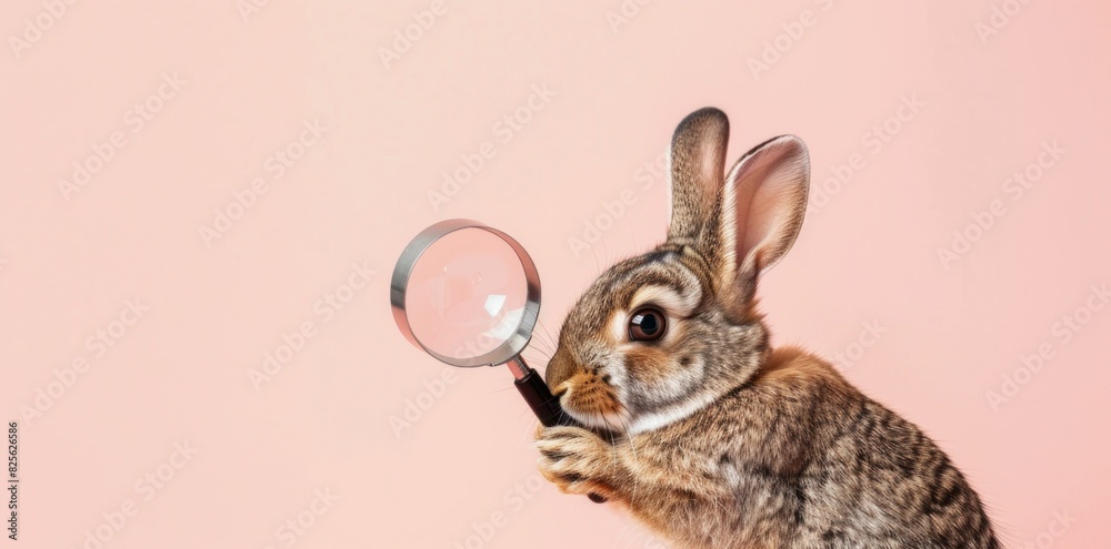 Fototapeta premium Curious rabbit examining its surroundings with a magnifying glass on pink background