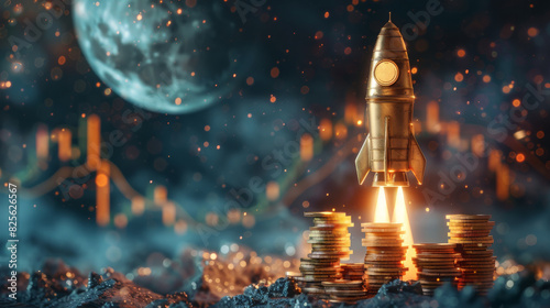 Golden rocket launching from stacked coins with a moonlit background  symbolizing financial growth and cryptocurrency investment