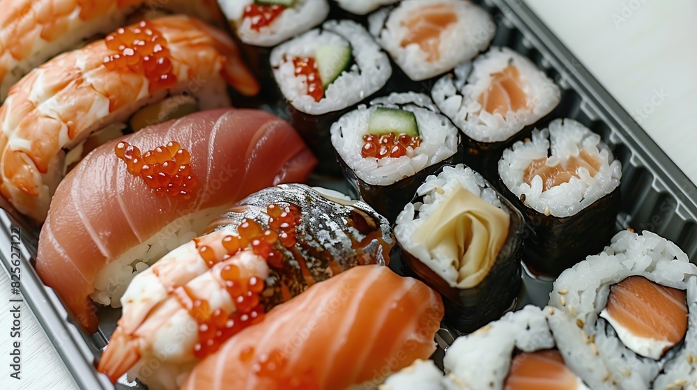 Close up view of sushi in a square plate on a white background. Generative Ai