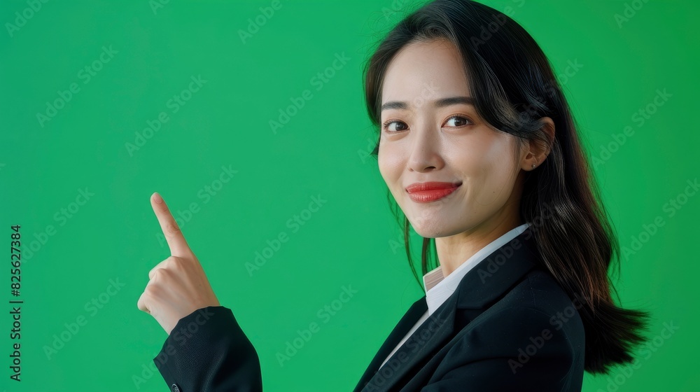 Explore The Creativity Of A Young Beautiful Asian Businesswoman Pointing To Empty Copy Space, Commanding Attention In A Green Setting, High Quality Explore The Creativity Of A Young Beautiful Asian Businesswoman Pointing To Empty Copy Space, Commanding Attention In A Green Setting, High Quality