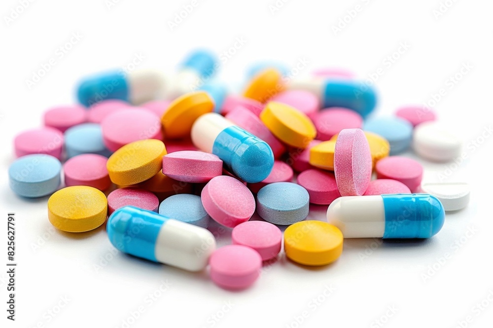 A pile of assorted colorful pills and capsules on a white background, representing pharmaceuticals and medication variety.