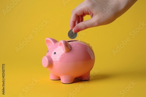 A hand placing a coin into a pink piggy bank against a yellow background, symbolizing saving and financial planning.