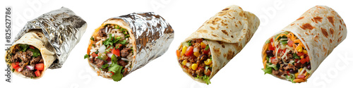 Set of tasty Mexican burrito rolls isolated on a white or transparent background, tortilla wrapped into a cylindrical shape around a filling of various ingredients.