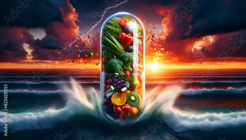 a large transparent capsule filled with an assortment of fresh vegetables, fruits, nuts, and vitamins. The capsule appears to burst open, with its vibrant contents spilling out against a minimalist photo