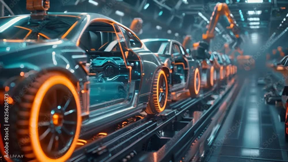 Creative Background, Automated Car Factory Concept, Robotic Arm Building Cars, Blue Glowing Bright Line,generative ai Creative Background, Automated Car Factory Concept, Robotic Arm Building Cars, Blue Glowing Bright Line,generative ai