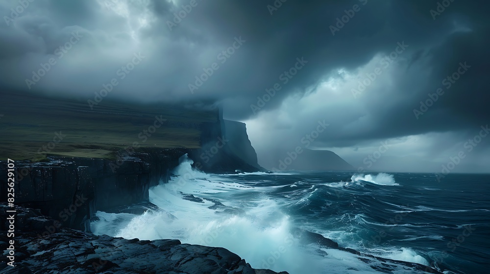 A dramatic storm rolling in over a rugged coastline, with dark clouds and crashing waves creating a sense of raw power.