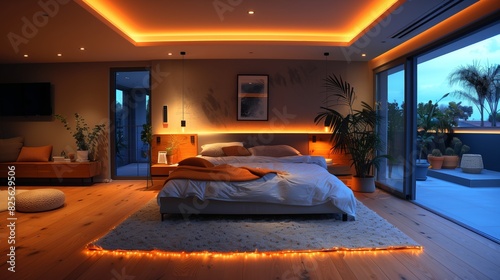 A mondern luxury bedroom with smartlighting