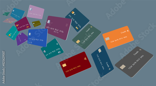 Credit cards, or debit cards, are seen flying and floating, hovering above a grey surface.
