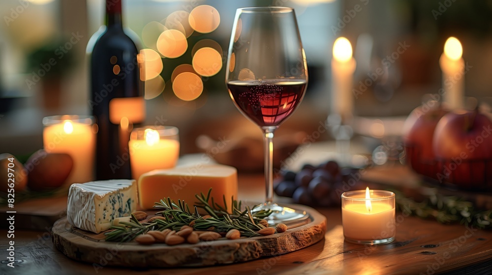 Cozy dining scene with red wine and cheese Cozy dining scene with red wine and cheese