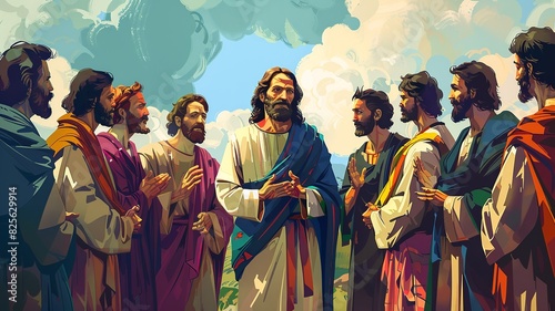 Step into the triumphant cartoon scene where Jesus commissions his twelve disciples to spread his message of love and salvation worldwide. Jesus, with compassion and authority in his gaze, photo