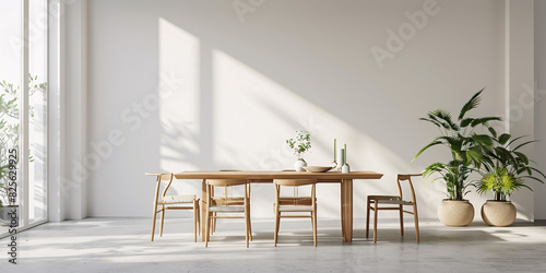Modern Minimalist Dining Room with Wooden Elements, Plant, and Glass Window
