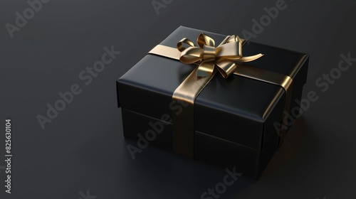 Black Present. Christmas and Birthday Gift Box with Gold Ribbon. Happy Celebration Surprise for Wedding or Valentine